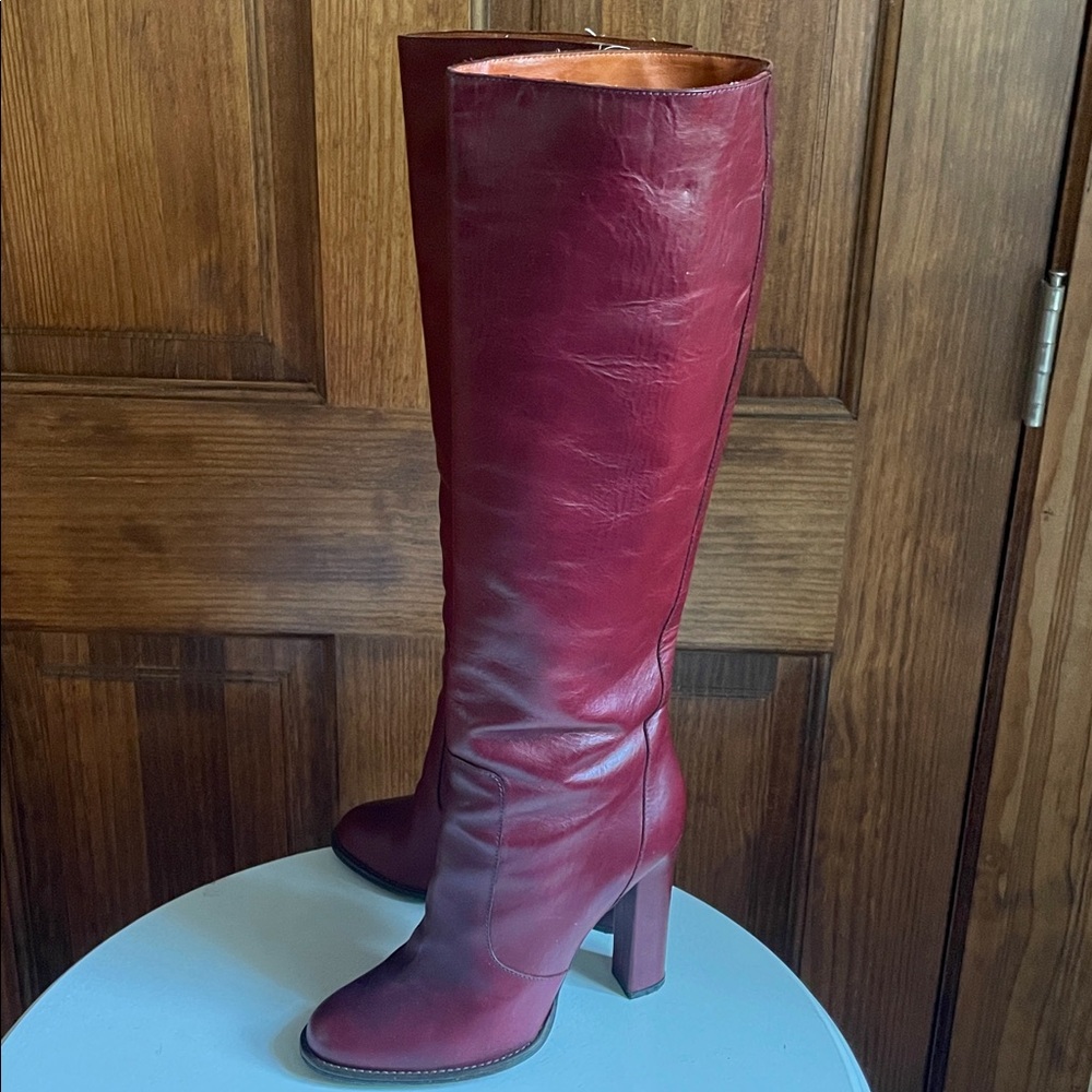 LANVIN Paris Burgundy Wine Leather Knee High Heel Boots 40 10 Worn Once RARE! - Picture 6 of 15